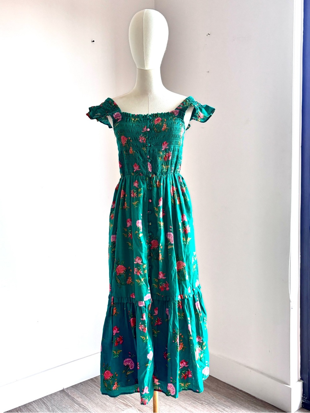 Anthropologie Teal Floral Off-Shoulder Smocked Midi Dress